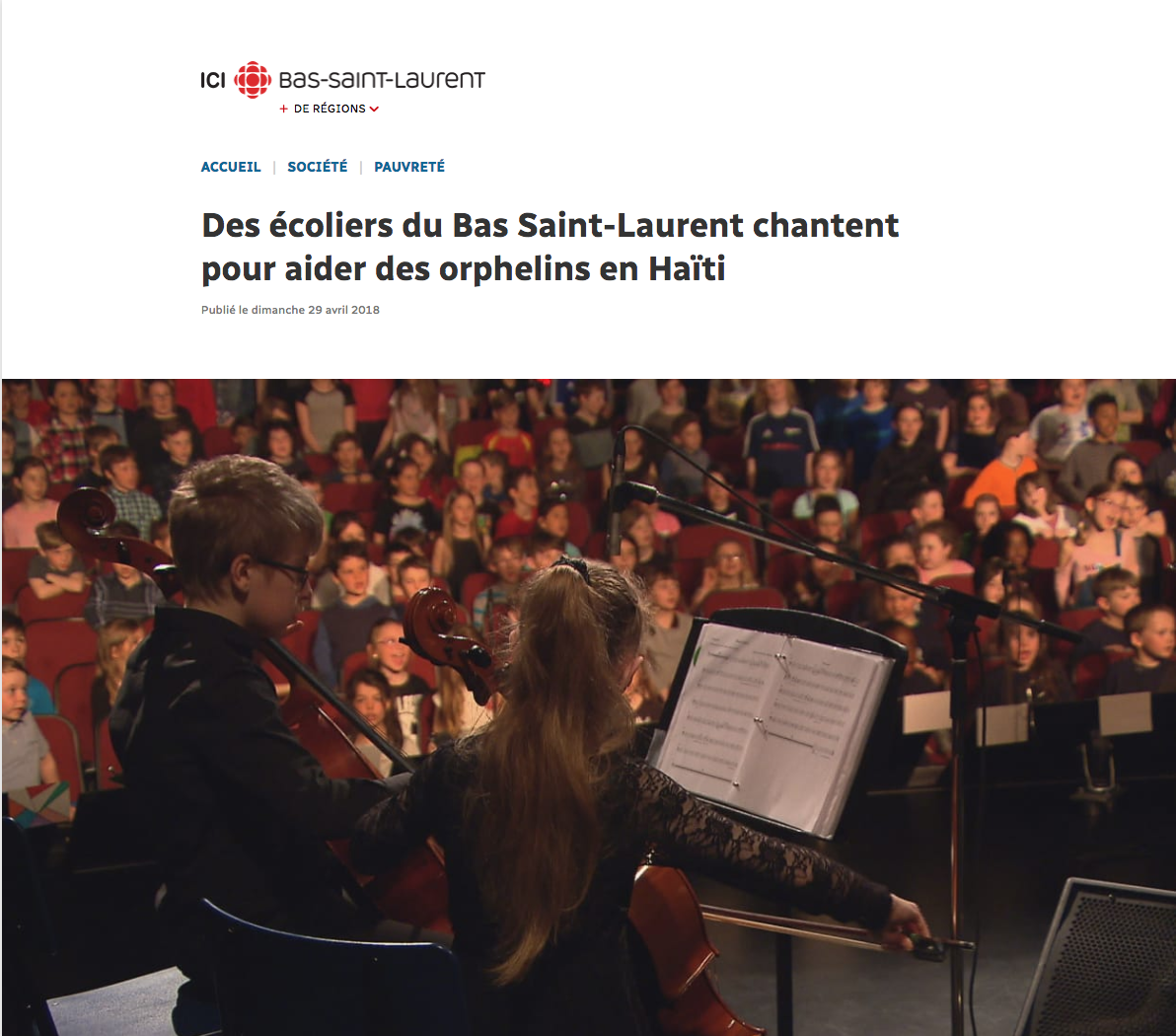 Des écoliers du Bas Saint-Laurent chantent pour des orphelins d&rsquo;Haïti